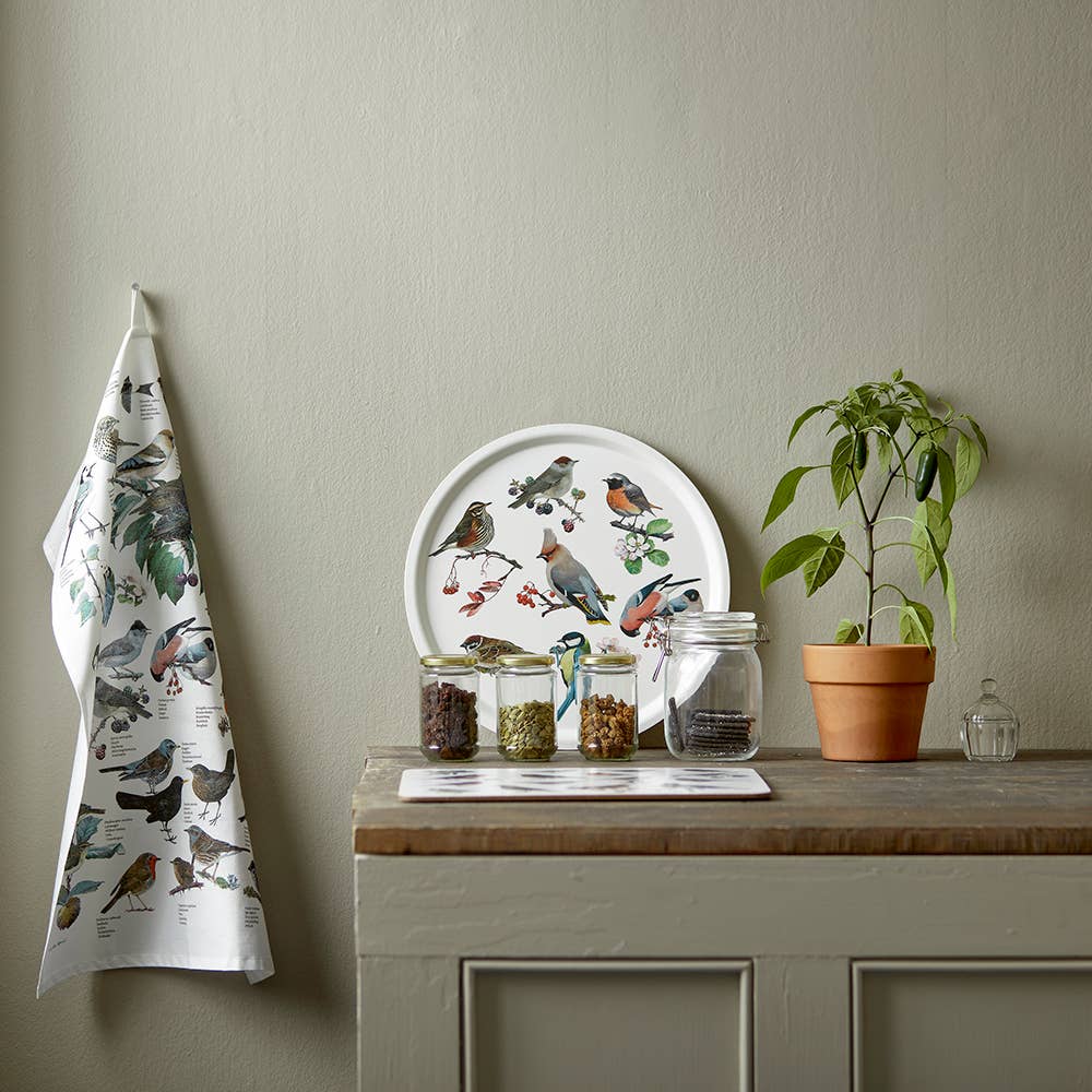 Garden birds 100 % organic cotton Tea towel- made in Europe