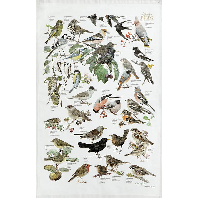 Garden birds 100 % organic cotton Tea towel- made in Europe