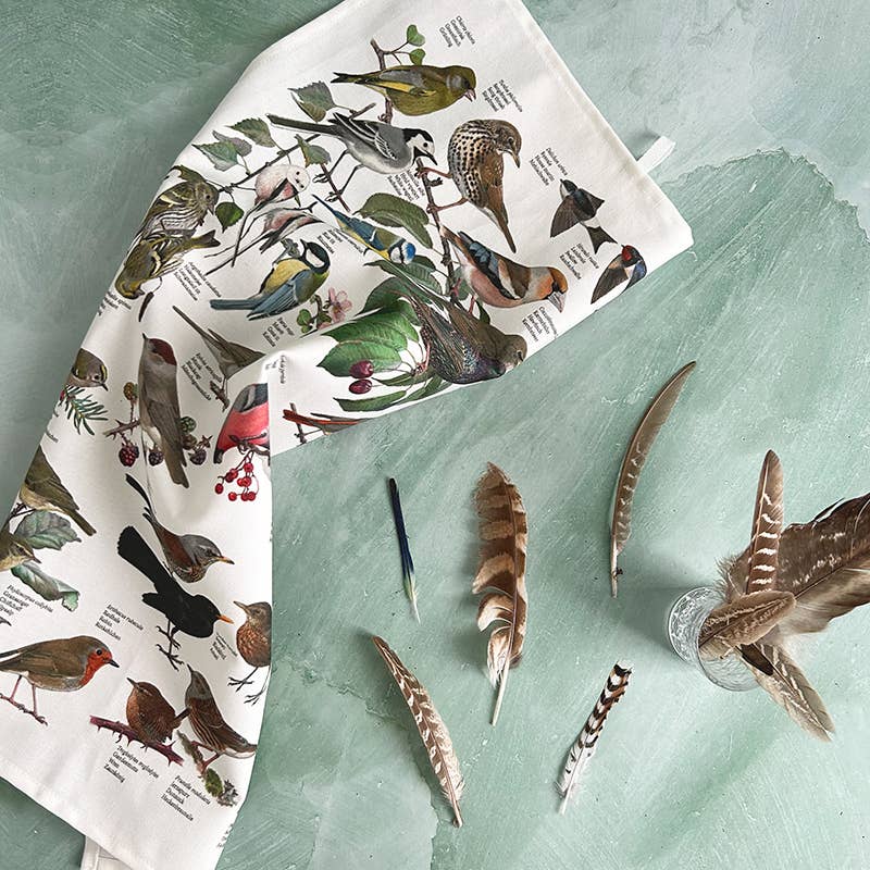 Garden birds 100 % organic cotton Tea towel- made in Europe
